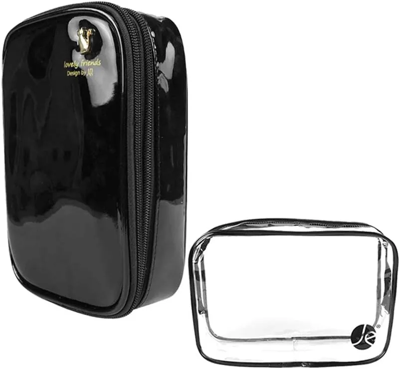 (2 PCS SET Bold Colored 2 Layers and Double Zipper Cosmetic Makeup Brush Travel Bag W/Clear PVC Zipper Bag