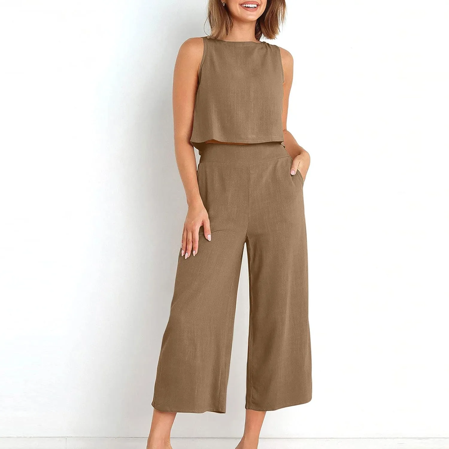 2 Piece Outfits for Women Summer Casual Tanks Cotton Linen Crop Tops w Wide Leg Pants Linen Trousers Fashion Clothes
