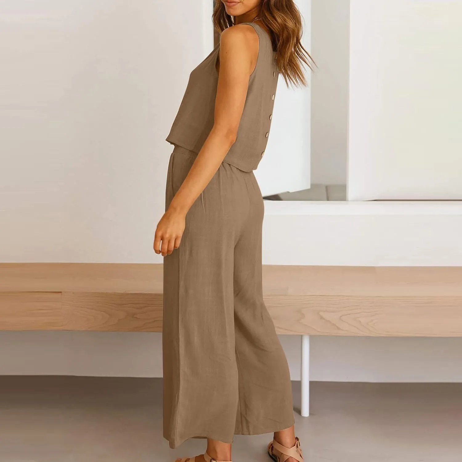 2 Piece Outfits for Women Summer Casual Tanks Cotton Linen Crop Tops w Wide Leg Pants Linen Trousers Fashion Clothes