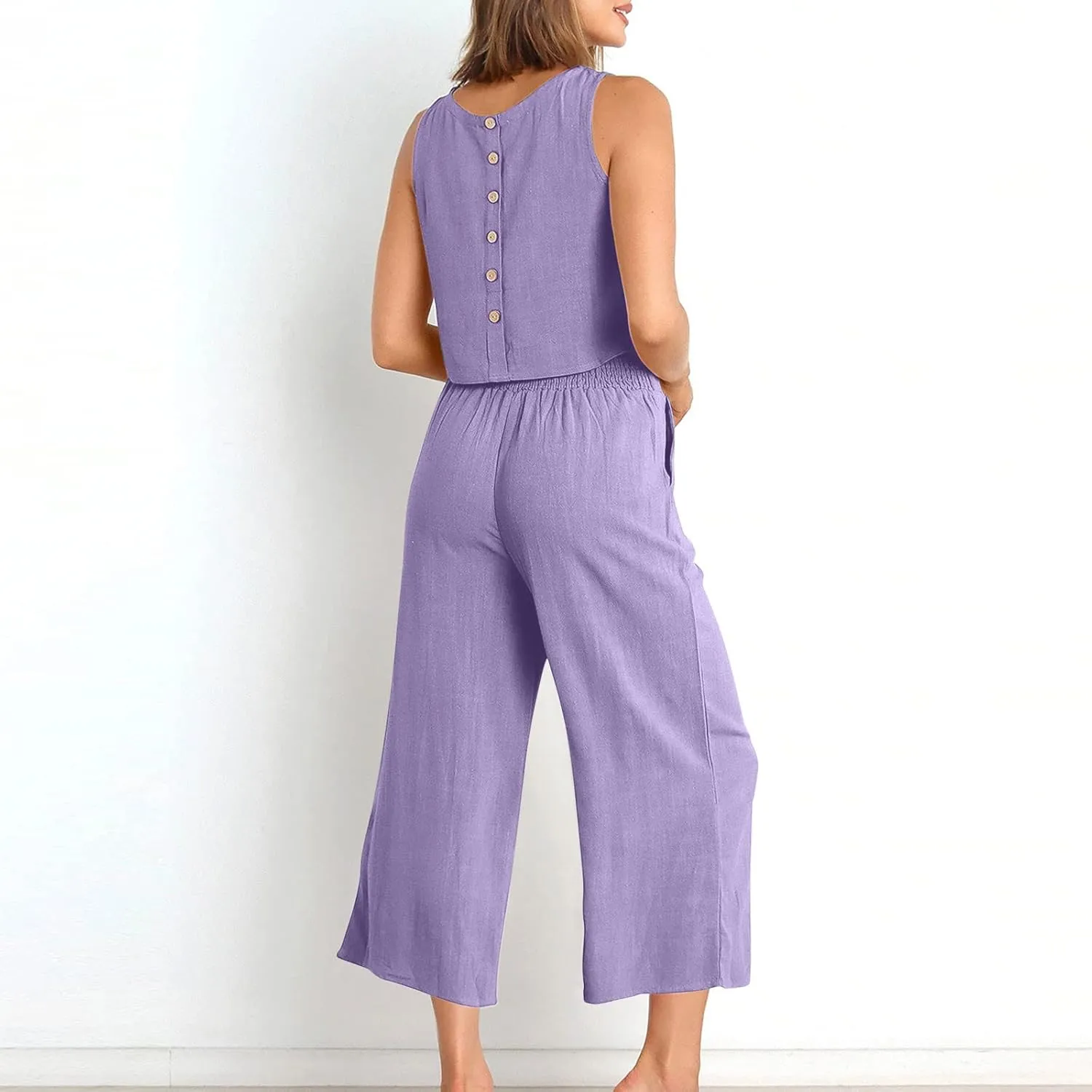 2 Piece Outfits for Women Summer Casual Tanks Cotton Linen Crop Tops w Wide Leg Pants Linen Trousers Fashion Clothes