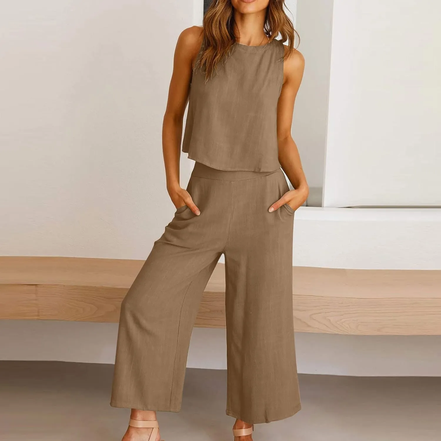 2 Piece Outfits for Women Summer Casual Tanks Cotton Linen Crop Tops w Wide Leg Pants Linen Trousers Fashion Clothes