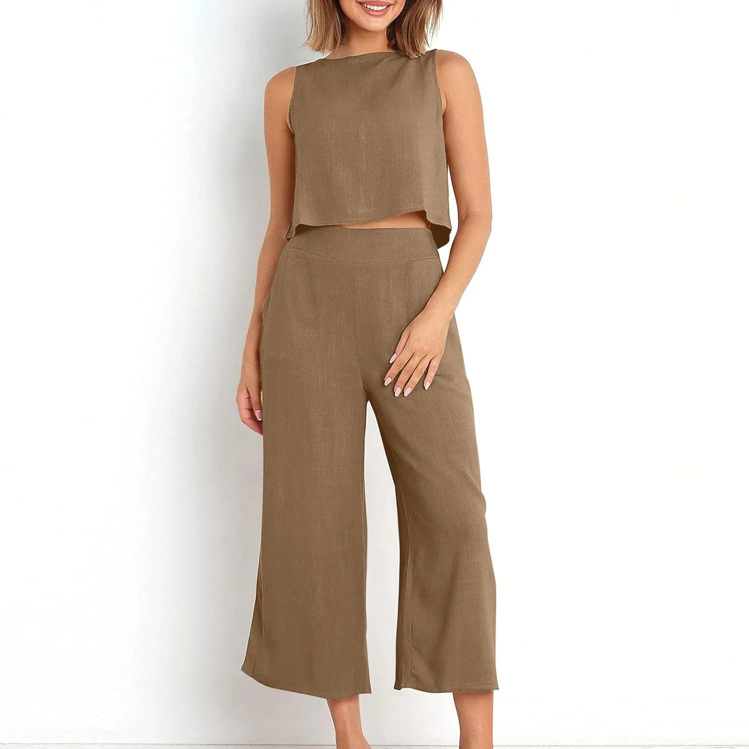 2 Piece Outfits for Women Summer Casual Tanks Cotton Linen Crop Tops w Wide Leg Pants Linen Trousers Fashion Clothes