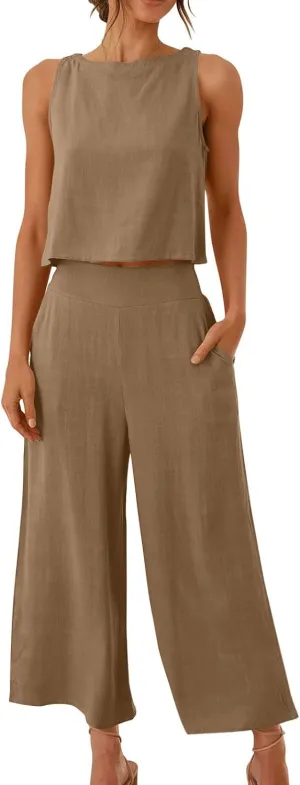 2 Piece Outfits for Women Summer Casual Tanks Cotton Linen Crop Tops w Wide Leg Pants Linen Trousers Fashion Clothes
