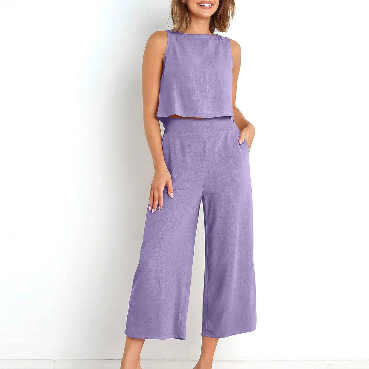 2 Piece Outfits for Women Summer Casual Tanks Cotton Linen Crop Tops w Wide Leg Pants Linen Trousers Fashion Clothes