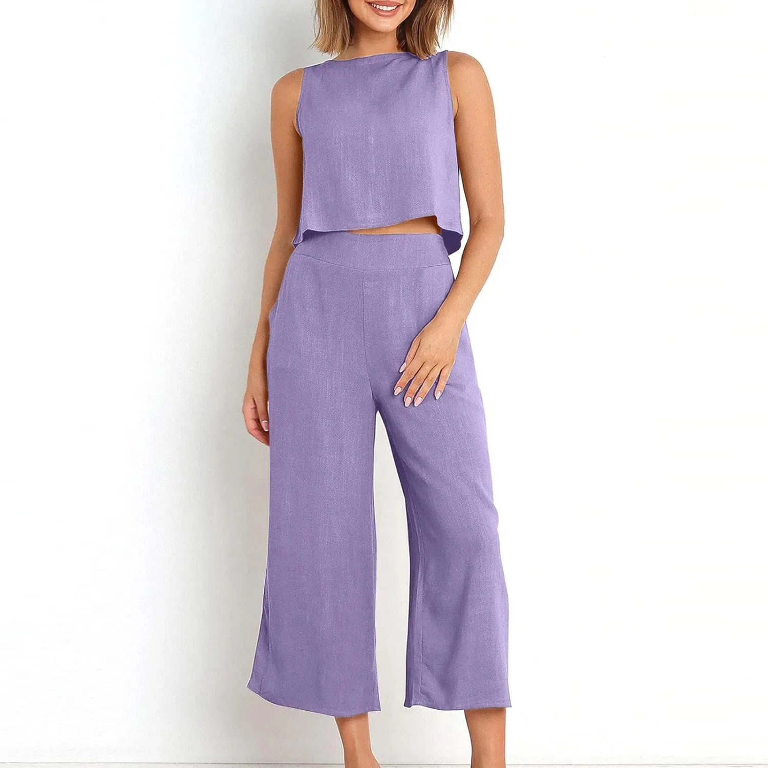 2 Piece Outfits for Women Summer Casual Tanks Cotton Linen Crop Tops w Wide Leg Pants Linen Trousers Fashion Clothes