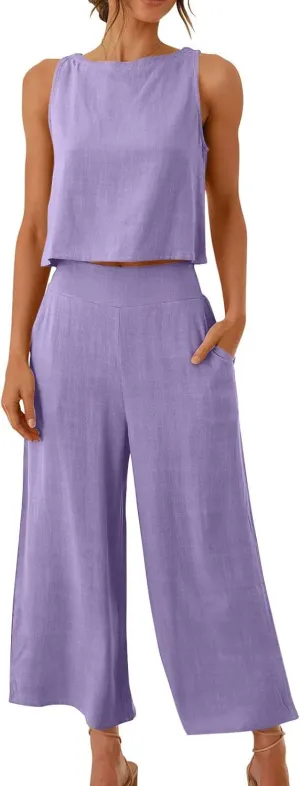 2 Piece Outfits for Women Summer Casual Tanks Cotton Linen Crop Tops w Wide Leg Pants Linen Trousers Fashion Clothes