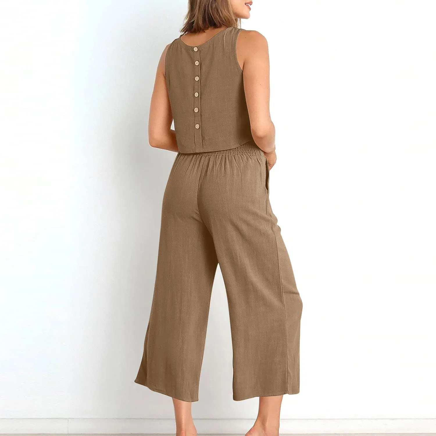 2 Piece Outfits for Women Summer Casual Tanks Cotton Linen Crop Tops w Wide Leg Pants Linen Trousers Fashion Clothes