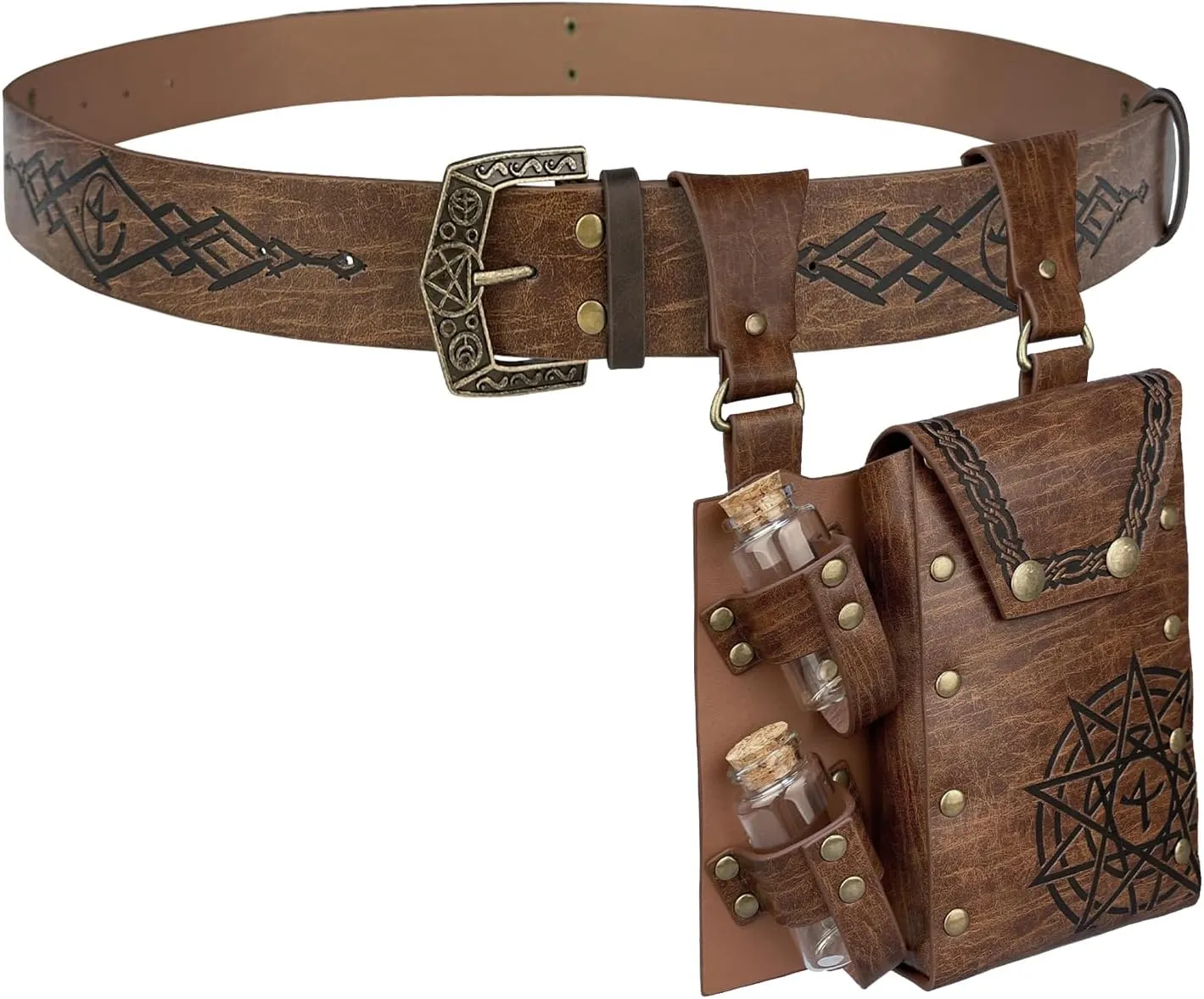 2PCs Magic Alchemy Belt Bag Set, Fantasy Embossed Belt with Belt Pouch and 2 Cork Potion Bottles Wizard for Ren Faire (Brown A)