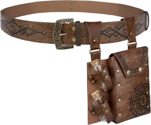 2PCs Magic Alchemy Belt Bag Set, Fantasy Embossed Belt with Belt Pouch and 2 Cork Potion Bottles Wizard for Ren Faire (Brown A)