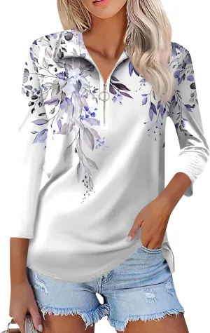 3/4 Length Sleeve Shirts for Women 2024 Trendy 1/2 Zipper Collar Lapel Tops Plain Color Tees Tunic Blouses Clothing