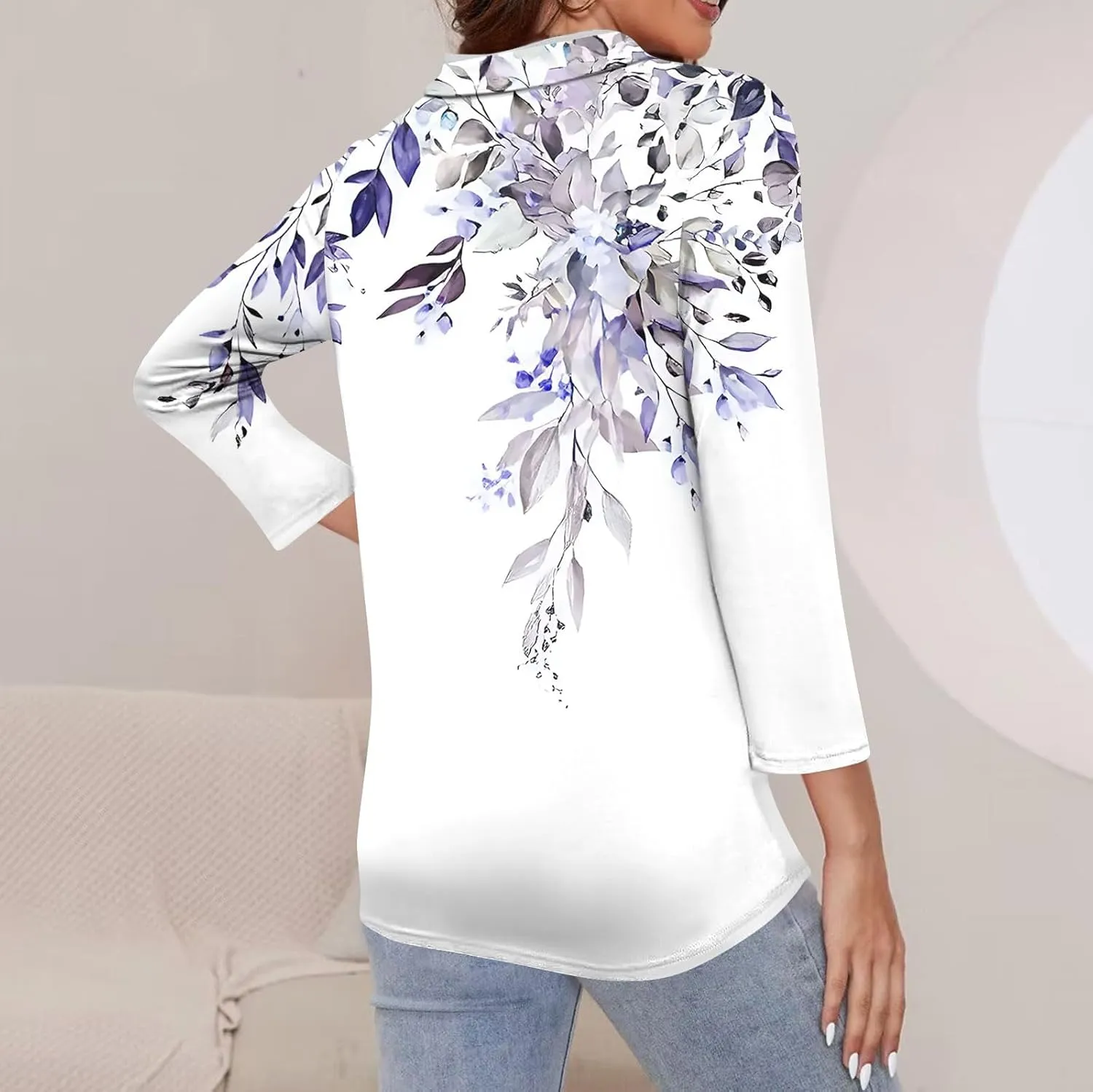 3/4 Length Sleeve Shirts for Women 2024 Trendy 1/2 Zipper Collar Lapel Tops Plain Color Tees Tunic Blouses Clothing