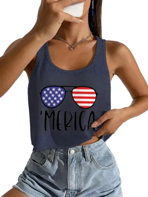 4th of July Crop Tops for Women Funny American Flag Shirts Tank Tops Outfits