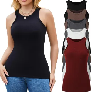 5 Pack Womens Tank Tops Crew Neck Sleeveless Racerback Summer Basic Fitted Womens Tops