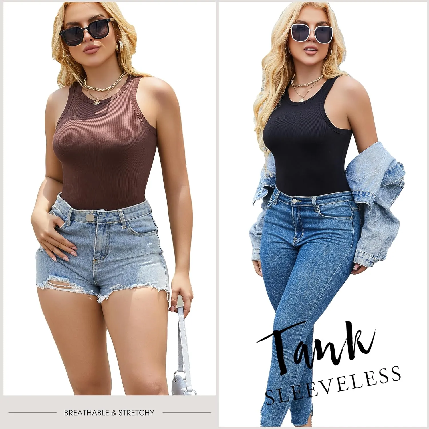 5 Pack Womens Tank Tops Crew Neck Sleeveless Racerback Summer Basic Fitted Womens Tops