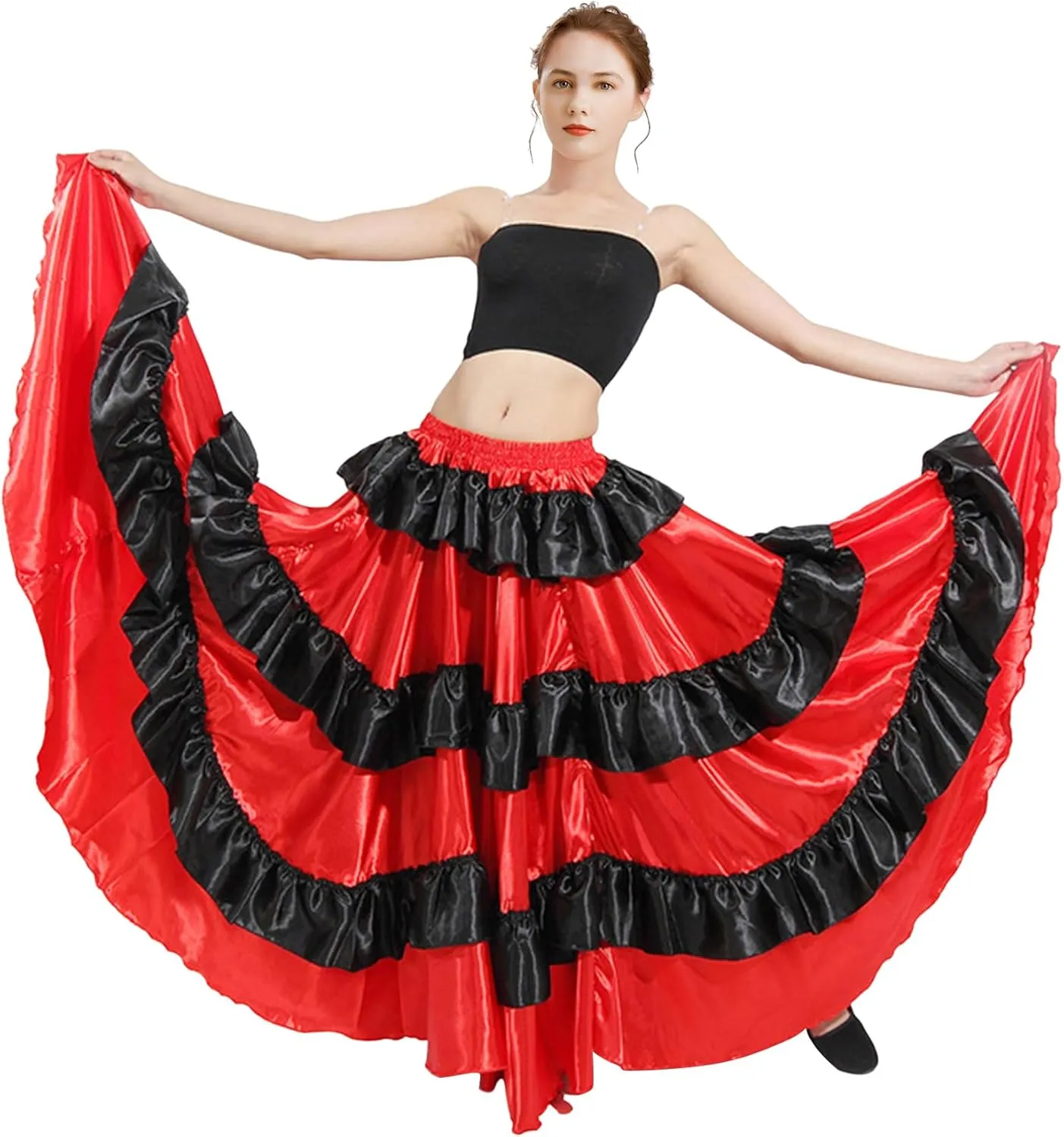 ABAFIP Women's Spanish Skirt Ruffle Layers Full Circle Dance Long Skirt Flamenco Belly Dance Skirt Costume