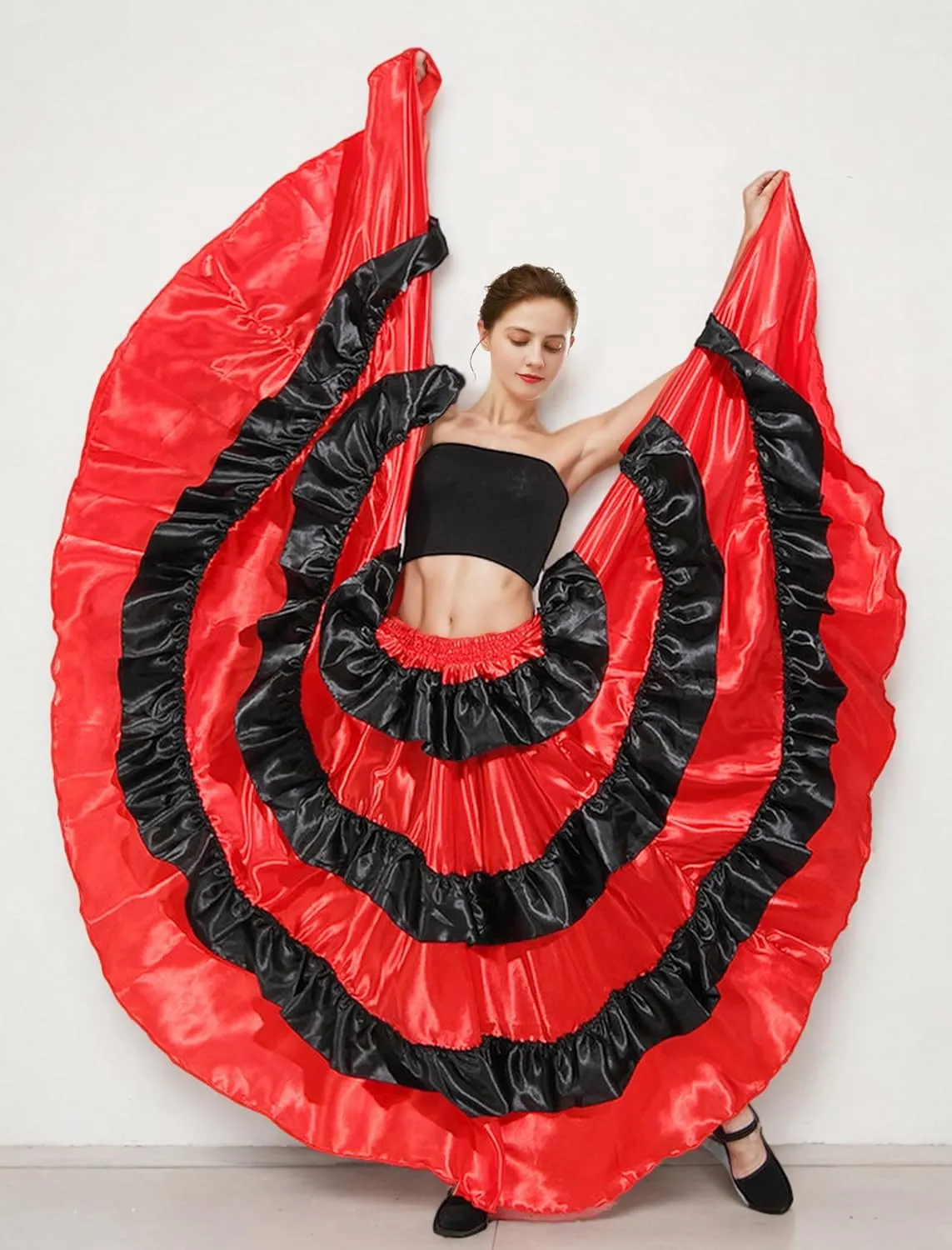ABAFIP Women's Spanish Skirt Ruffle Layers Full Circle Dance Long Skirt Flamenco Belly Dance Skirt Costume