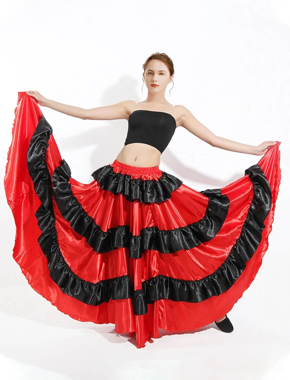 ABAFIP Women's Spanish Skirt Ruffle Layers Full Circle Dance Long Skirt Flamenco Belly Dance Skirt Costume