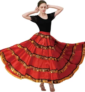 ABAFIP Women's Spanish Skirt Ruffle Layers Full Circle Dance Long Skirt Flamenco Belly Dance Skirt Costume