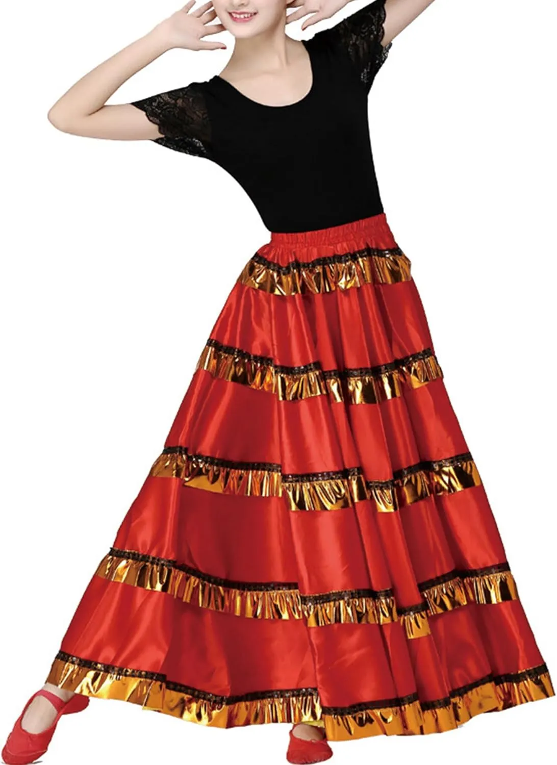 ABAFIP Women's Spanish Skirt Ruffle Layers Full Circle Dance Long Skirt Flamenco Belly Dance Skirt Costume