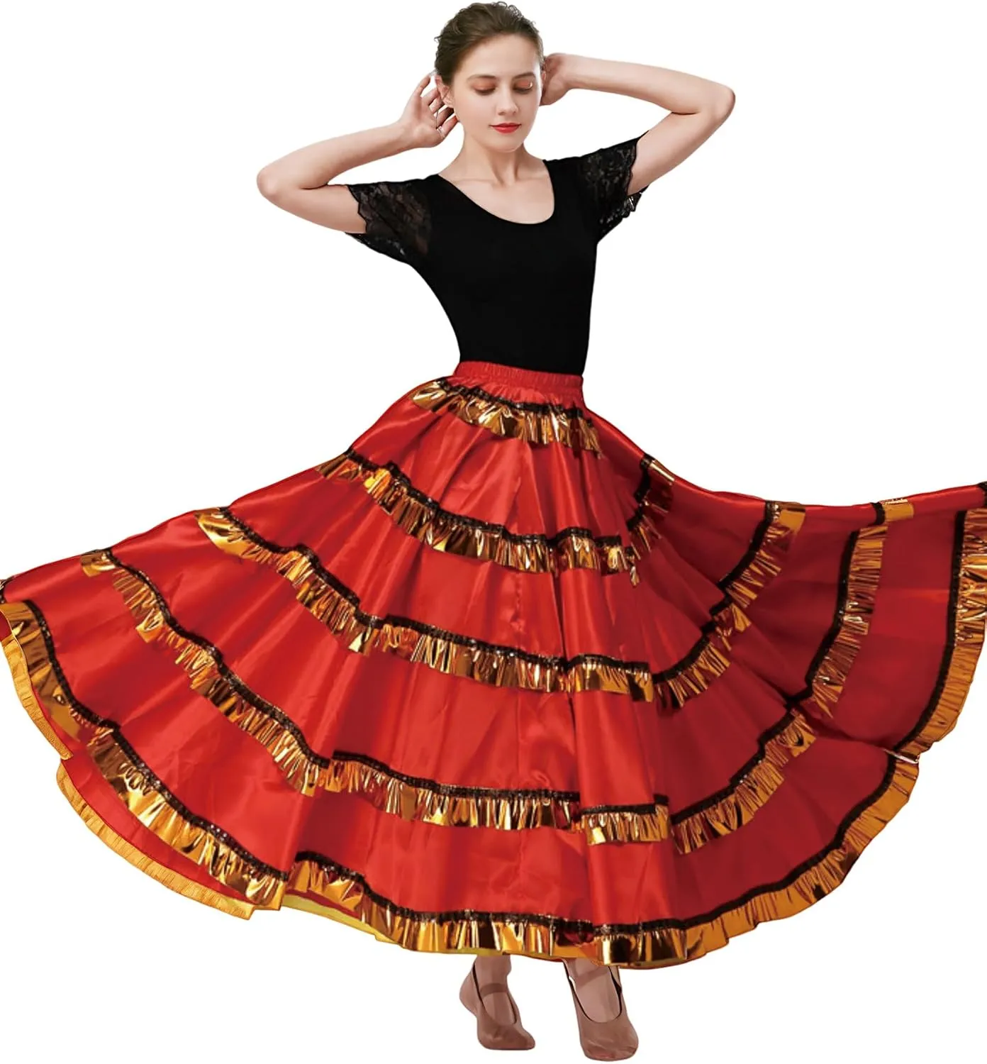 ABAFIP Women's Spanish Skirt Ruffle Layers Full Circle Dance Long Skirt Flamenco Belly Dance Skirt Costume