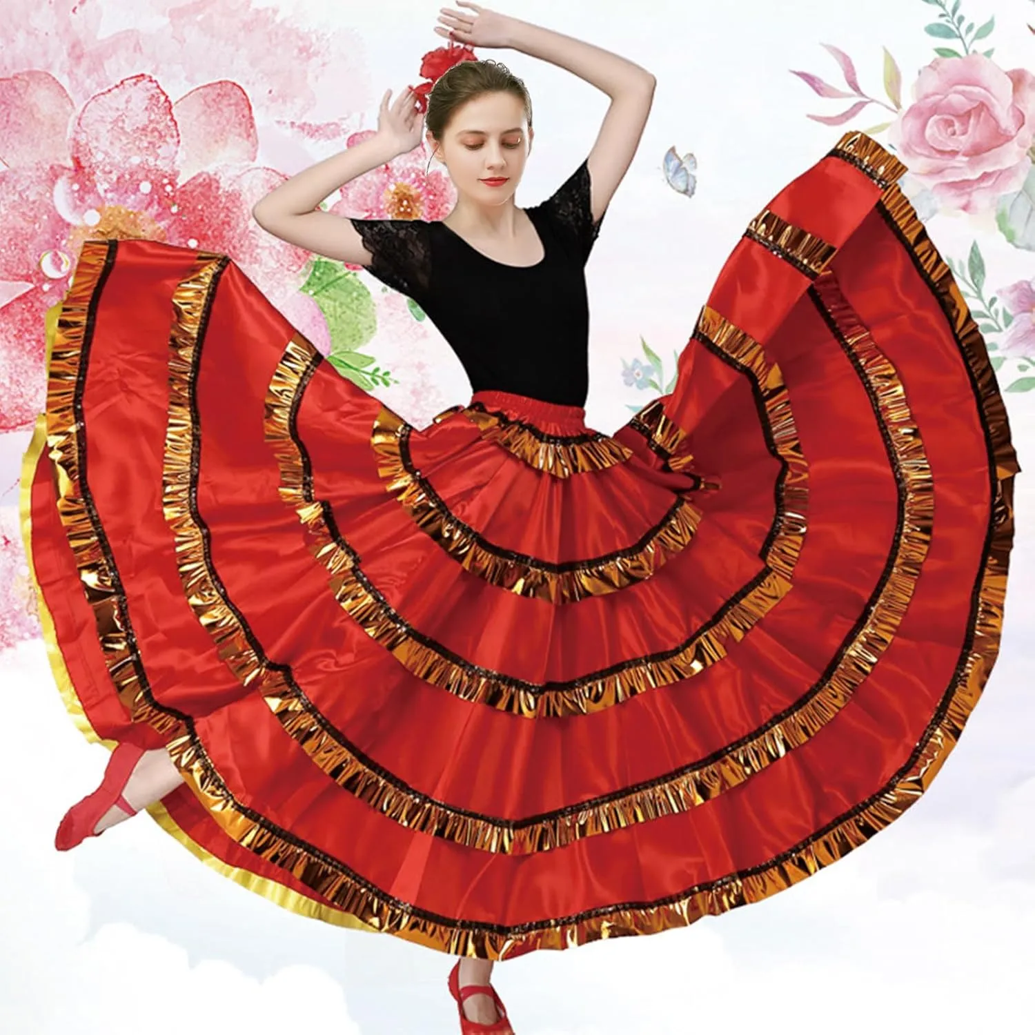 ABAFIP Women's Spanish Skirt Ruffle Layers Full Circle Dance Long Skirt Flamenco Belly Dance Skirt Costume