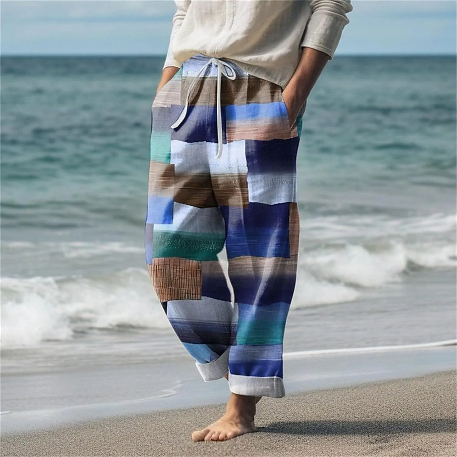 aihihe Men's Summer Linen Pants Elastic Waist Lightweight Casual Pants Loose Fit Pocketed Beach Trousers Big and Tall Slacks