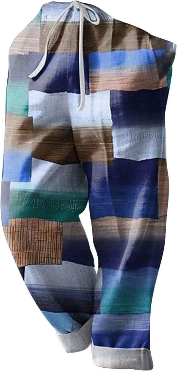 aihihe Men's Summer Linen Pants Elastic Waist Lightweight Casual Pants Loose Fit Pocketed Beach Trousers Big and Tall Slacks