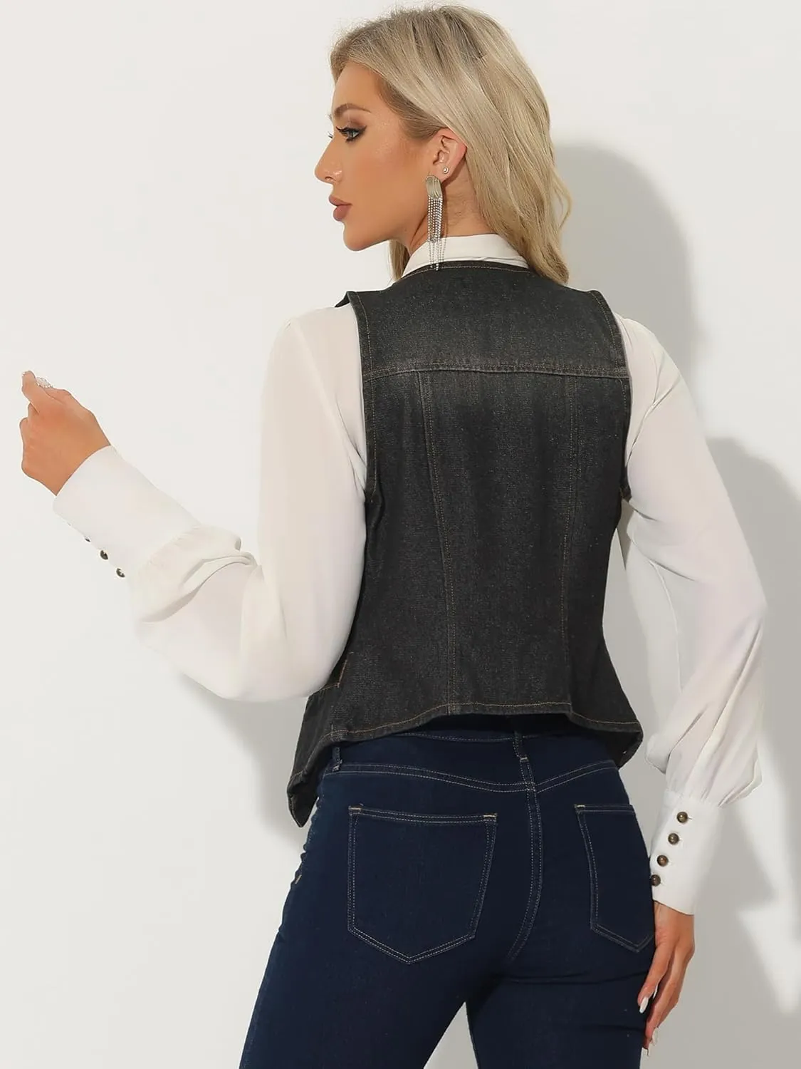 Allegra K Denim Vest for Women's Sleeveless V Neck Washed Distressed Jean Jacket