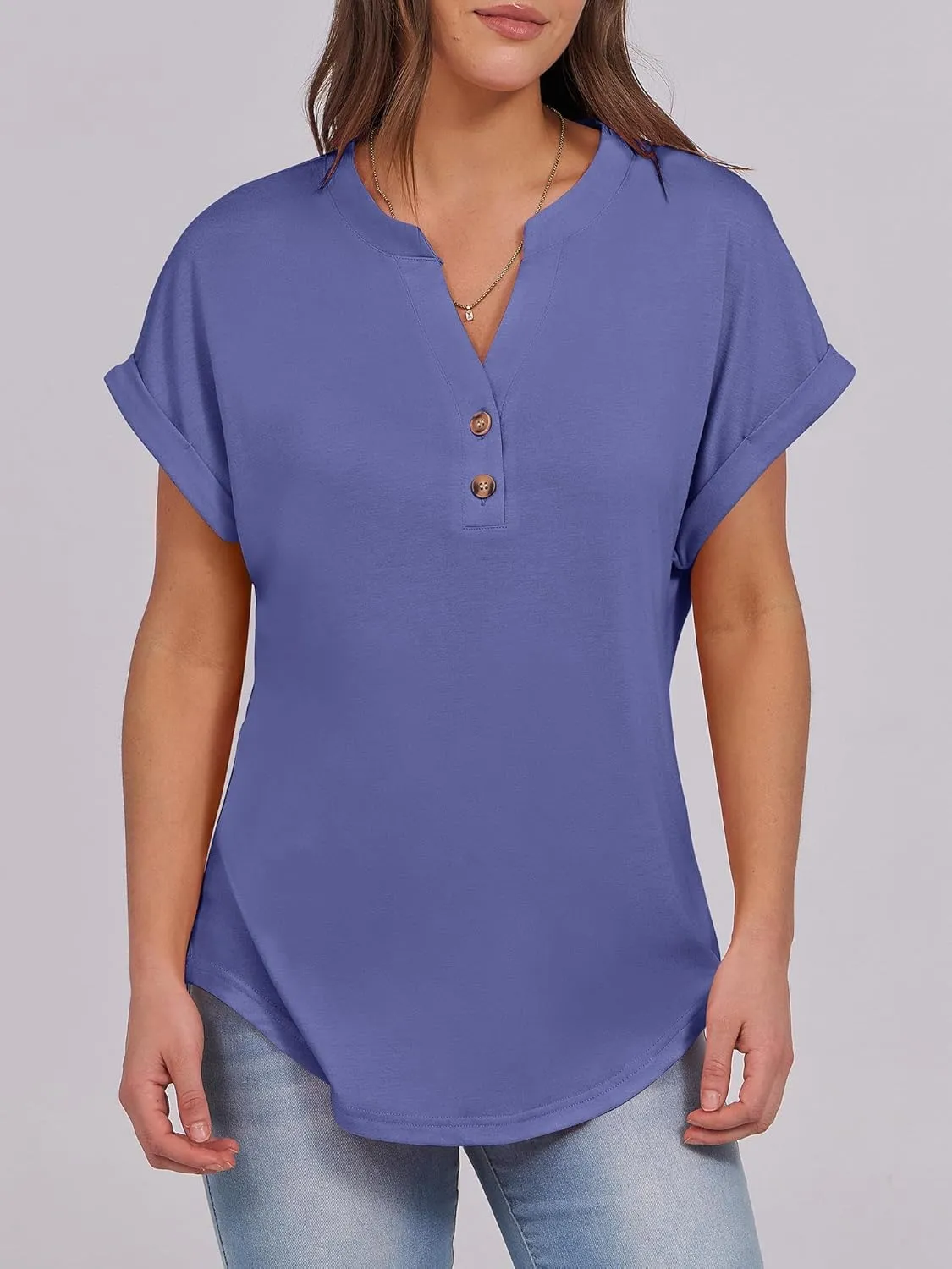 ANRABESS Womens Short Sleeve Henley Tops V Neck Dressy Casual Loose Fit Shirts Summer Flowy Blouses 2025 Trendy Clothes