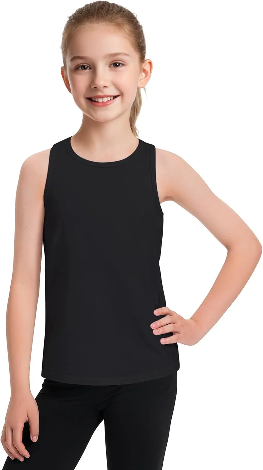 Auranso Girls Tank Tops Sleeveless Racerback Athletic Shirts Cotton Dance Outfit Workout Tops 3 Pack