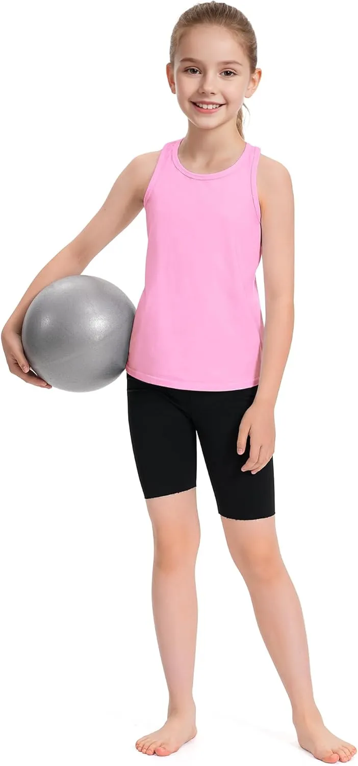 Auranso Girls Tank Tops Sleeveless Racerback Athletic Shirts Cotton Dance Outfit Workout Tops 3 Pack