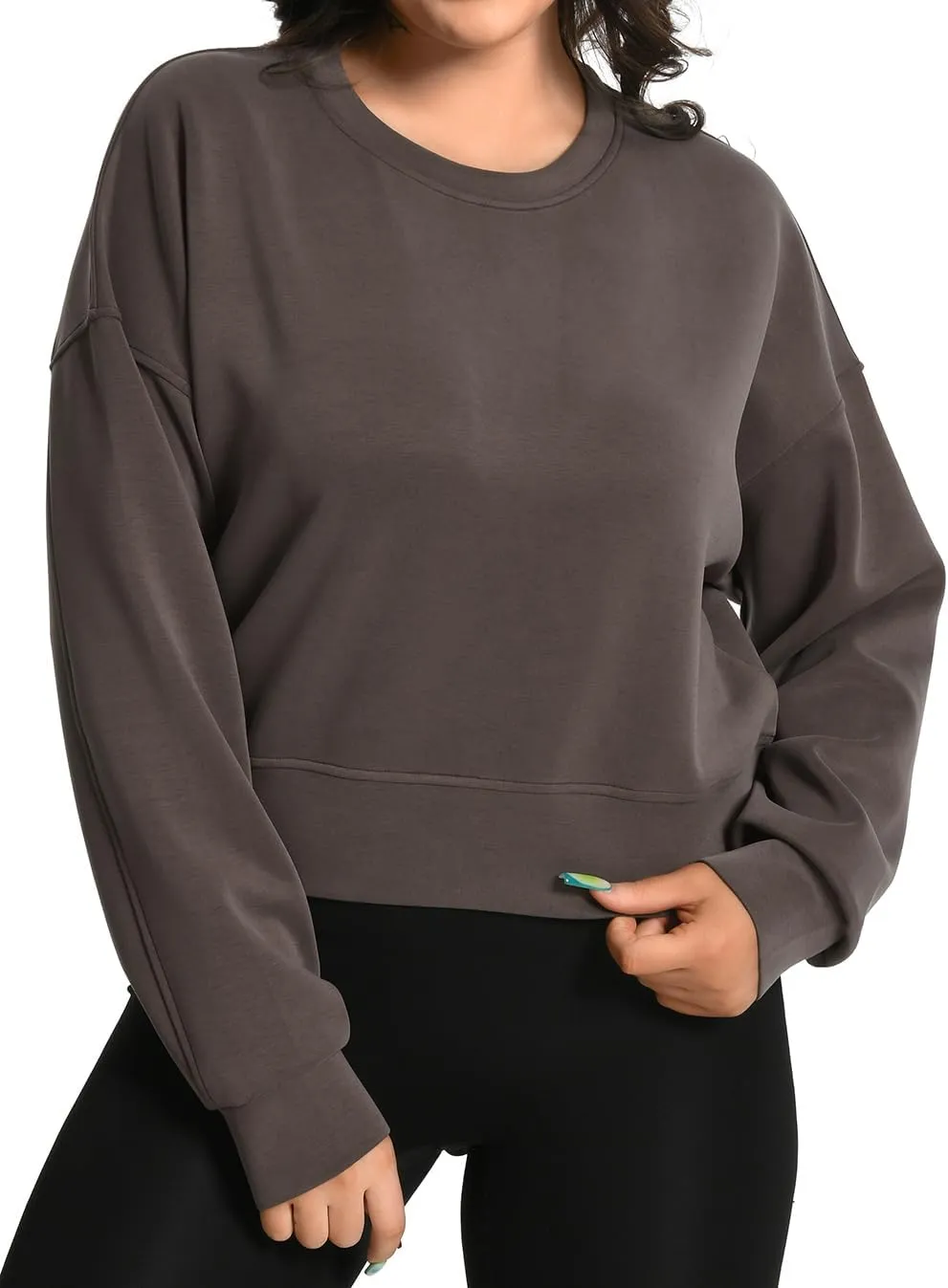 Auriviz Womens Modal Long Sleeve Cropped Sweatshirts Oversized Workout Shirts Crew Neck Pullover Crop Tops