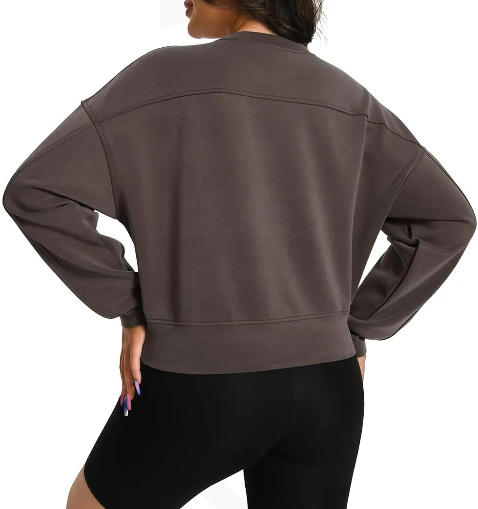 Auriviz Womens Modal Long Sleeve Cropped Sweatshirts Oversized Workout Shirts Crew Neck Pullover Crop Tops