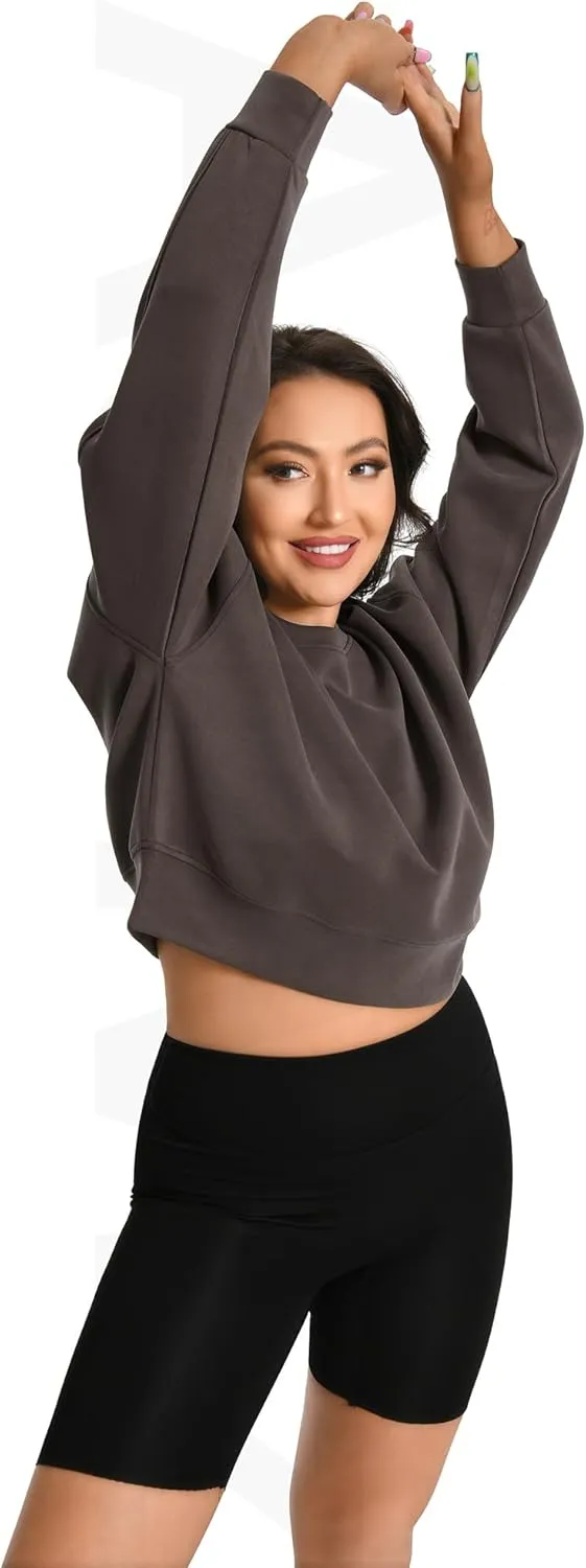 Auriviz Womens Modal Long Sleeve Cropped Sweatshirts Oversized Workout Shirts Crew Neck Pullover Crop Tops