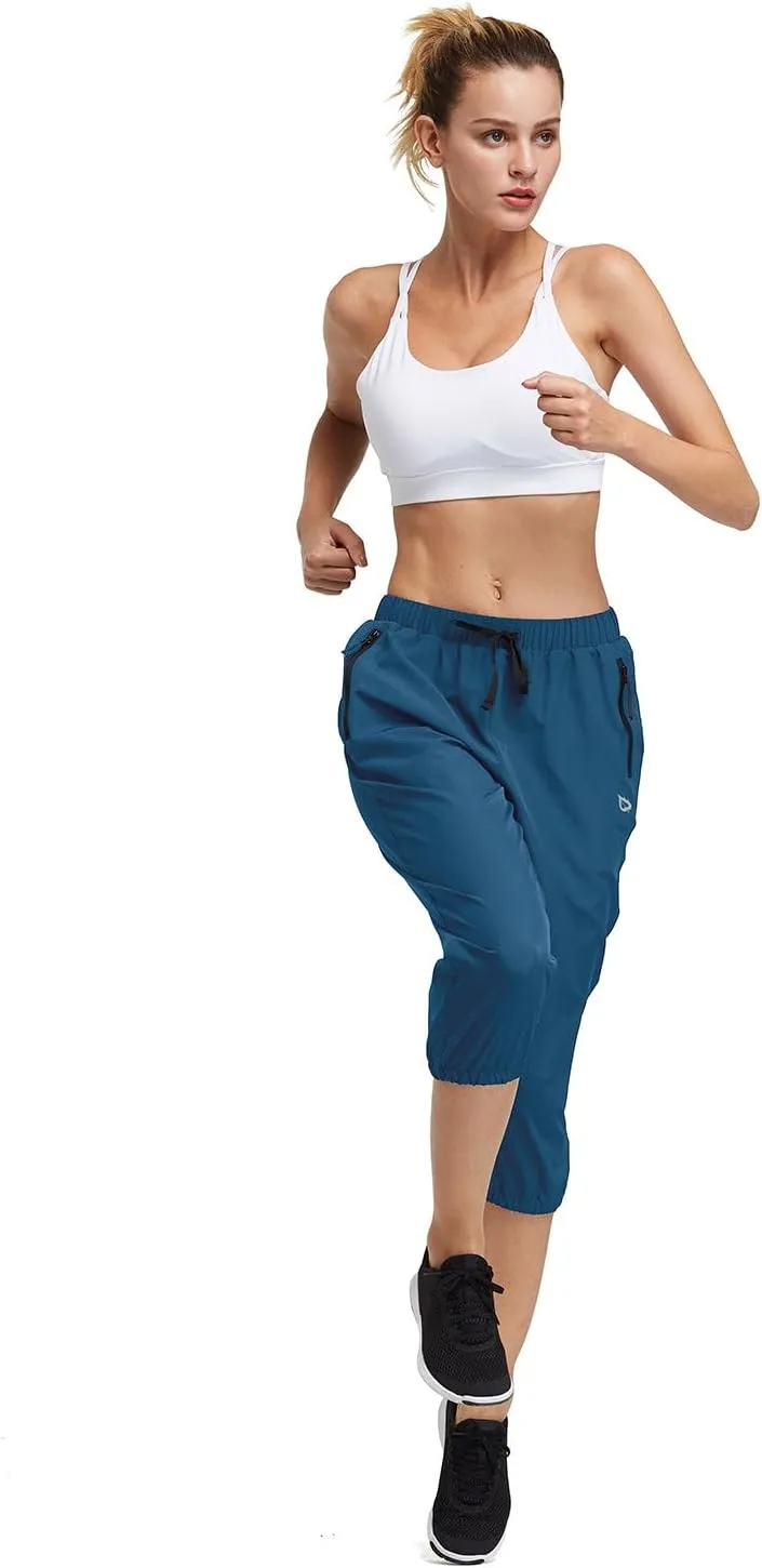 baleaf Women's Lightweight Capri Jogger Hiking Shorts Running Capri Pants Quick Dry UPF 50  Zipper Pockets