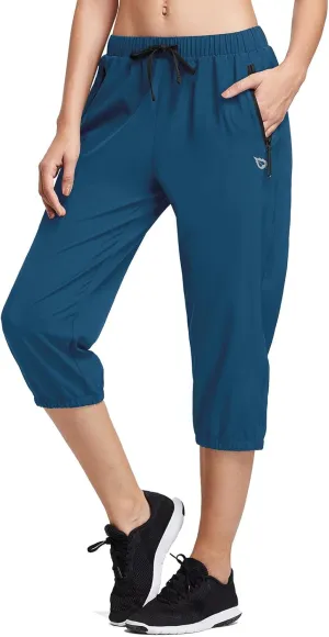baleaf Women's Lightweight Capri Jogger Hiking Shorts Running Capri Pants Quick Dry UPF 50  Zipper Pockets