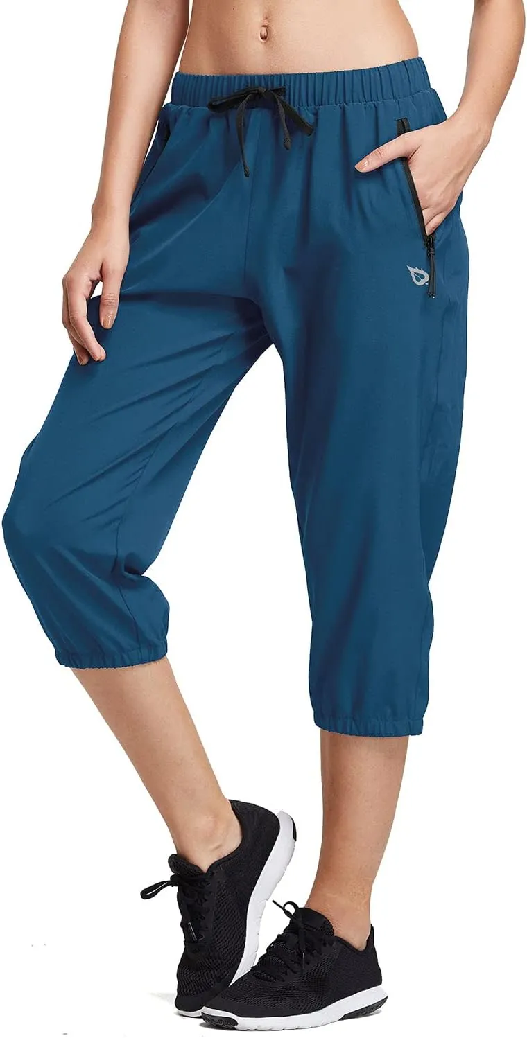 baleaf Women's Lightweight Capri Jogger Hiking Shorts Running Capri Pants Quick Dry UPF 50  Zipper Pockets