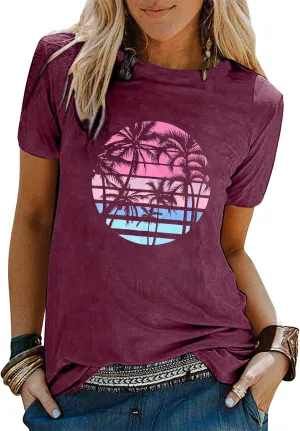 Beach Shirts for Women Coconut Trees Hawaiian Graphic Tshirt Summer Vacation Beach Tees Tops