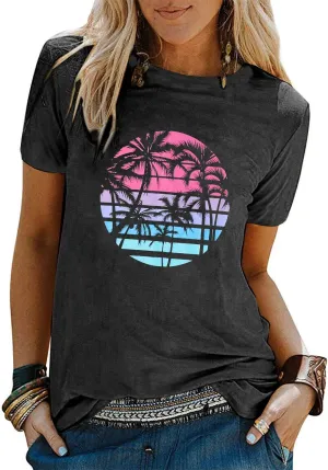 Beach Shirts for Women Coconut Trees Hawaiian Graphic Tshirt Summer Vacation Beach Tees Tops