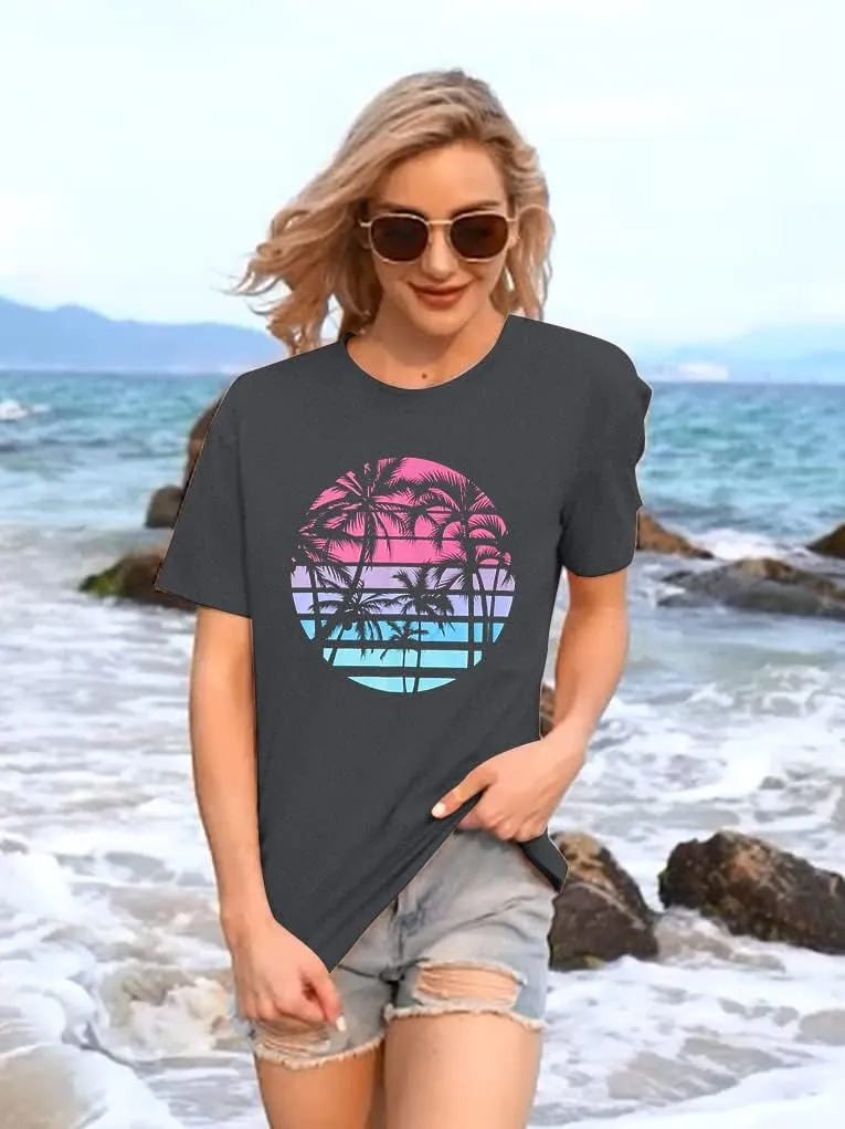 Beach Shirts for Women Coconut Trees Hawaiian Graphic Tshirt Summer Vacation Beach Tees Tops