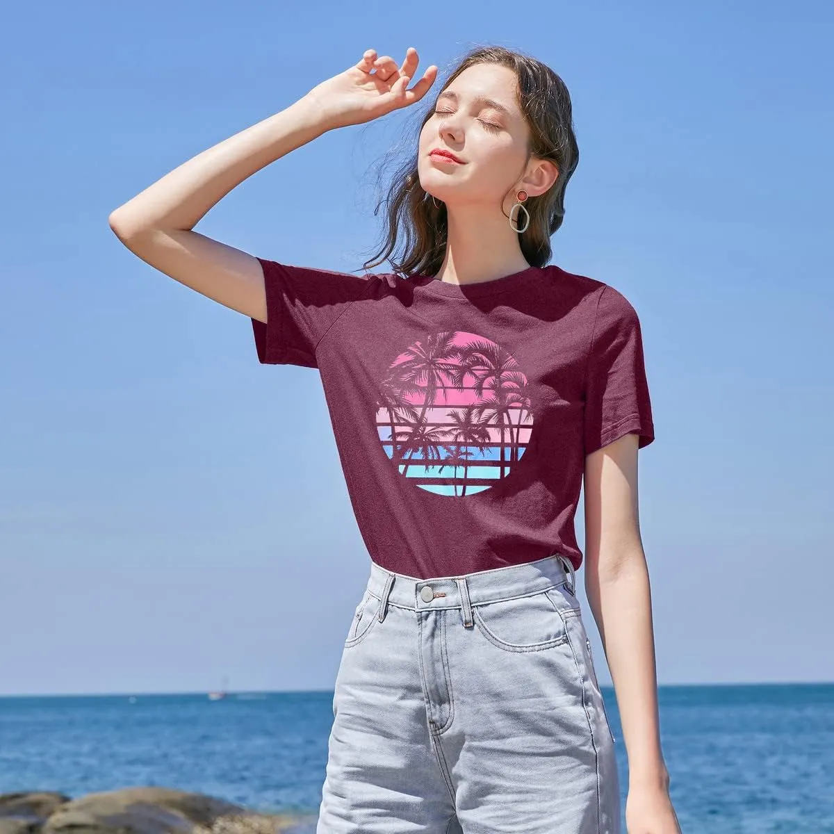 Beach Shirts for Women Coconut Trees Hawaiian Graphic Tshirt Summer Vacation Beach Tees Tops