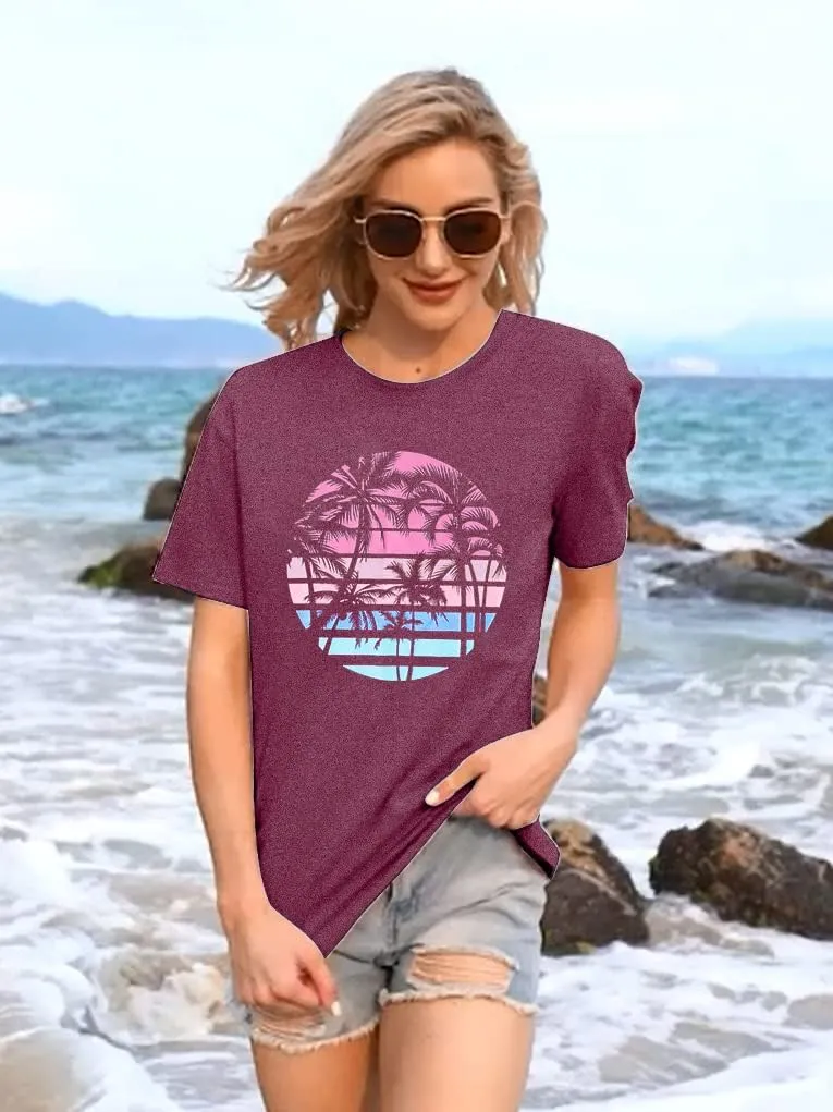 Beach Shirts for Women Coconut Trees Hawaiian Graphic Tshirt Summer Vacation Beach Tees Tops