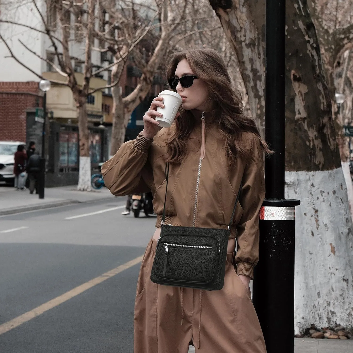 befen Genuine Leather Crossbody Bags for Women Medium Size RFID Blocking Leather Purse for Women with Multi Zip Pockets