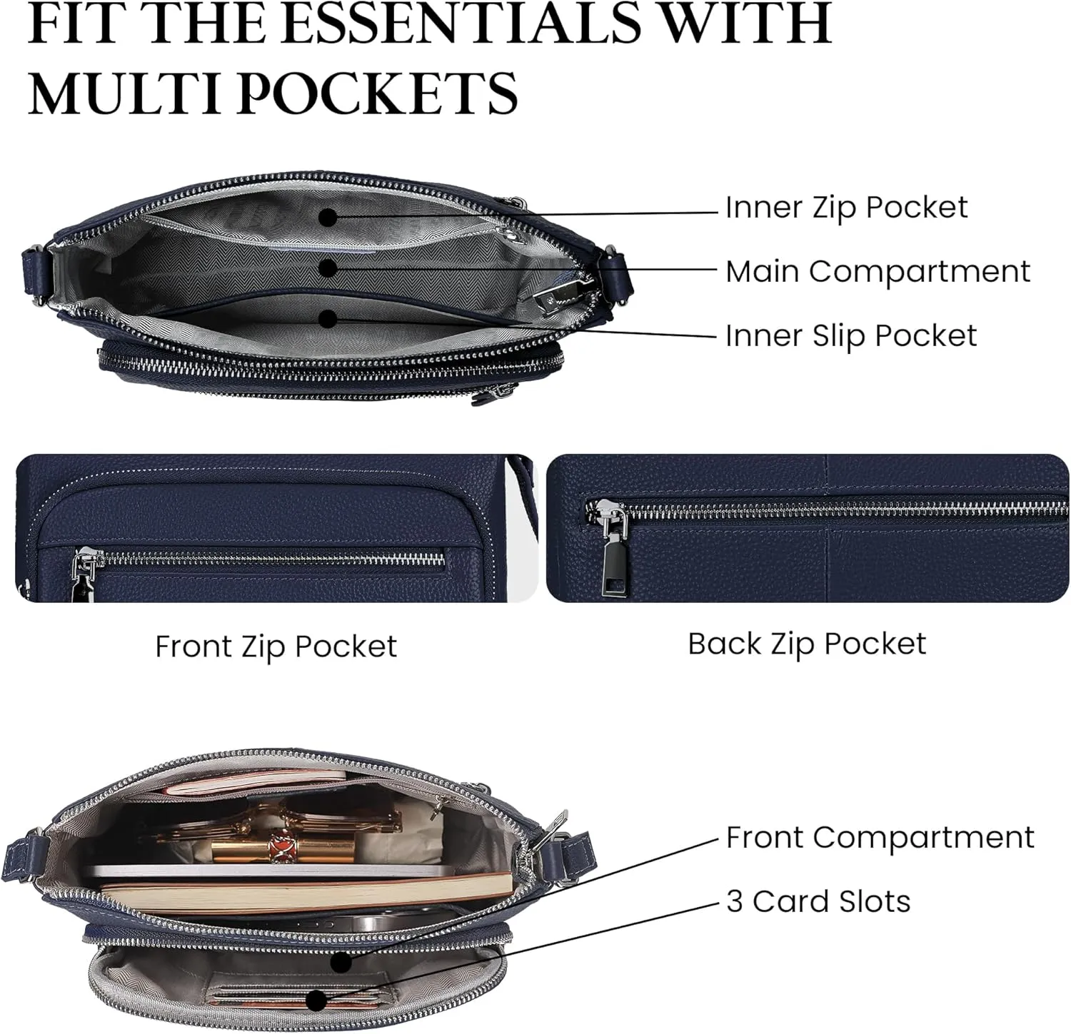 befen Genuine Leather Crossbody Bags for Women Medium Size RFID Blocking Leather Purse for Women with Multi Zip Pockets
