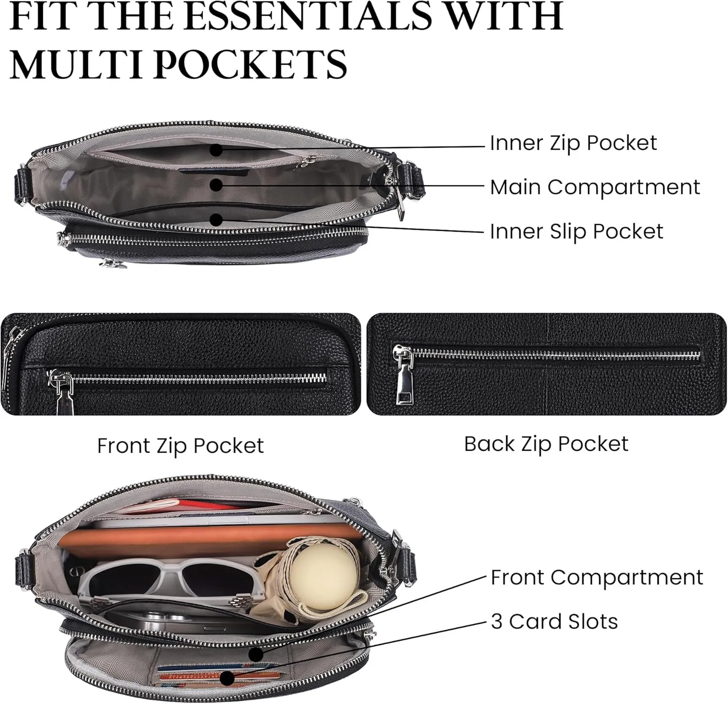 befen Genuine Leather Crossbody Bags for Women Medium Size RFID Blocking Leather Purse for Women with Multi Zip Pockets