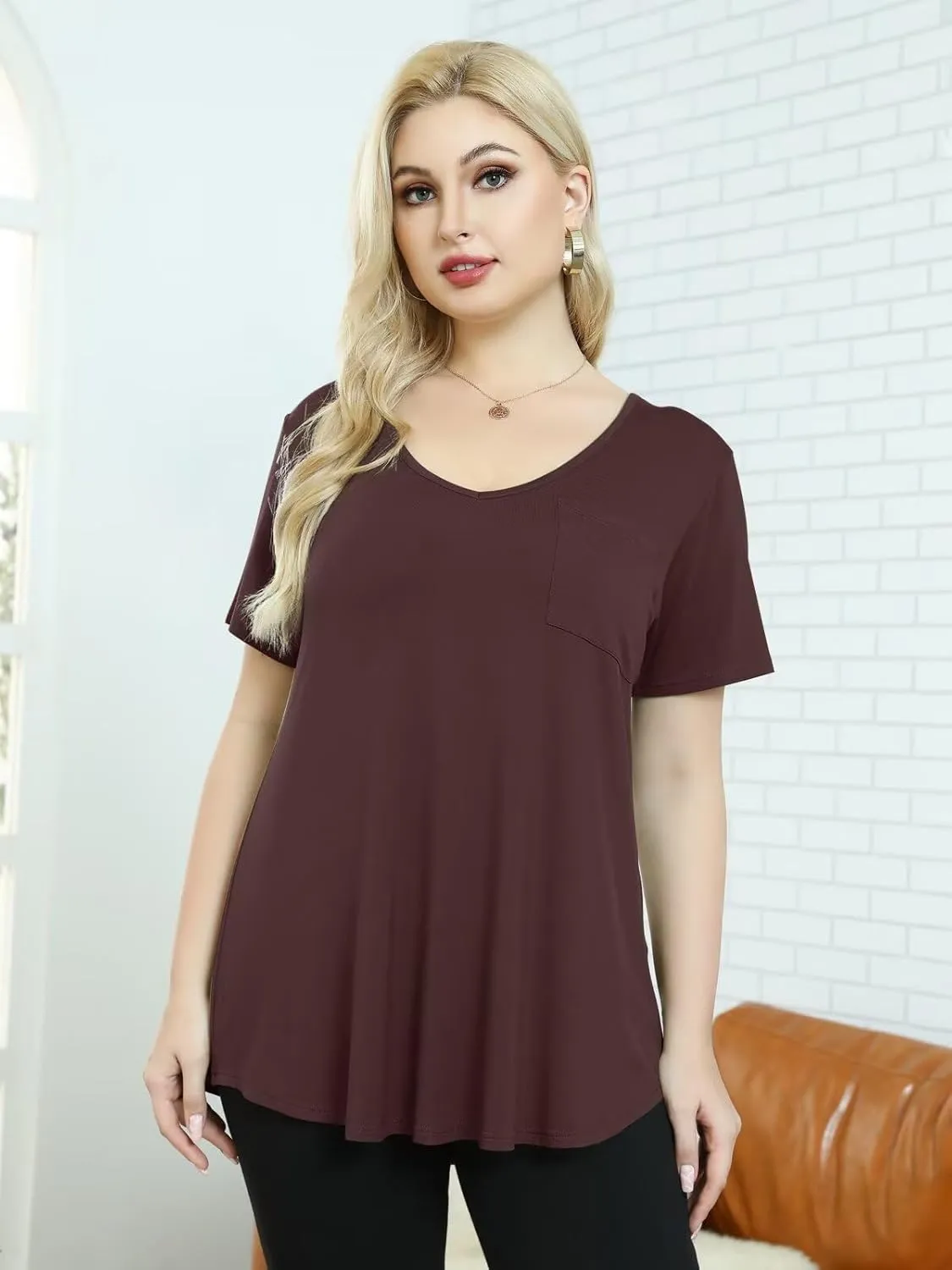 BELAROI Women Plus Size V-Neck Tunic Tops Loose T Shirt with Pocket