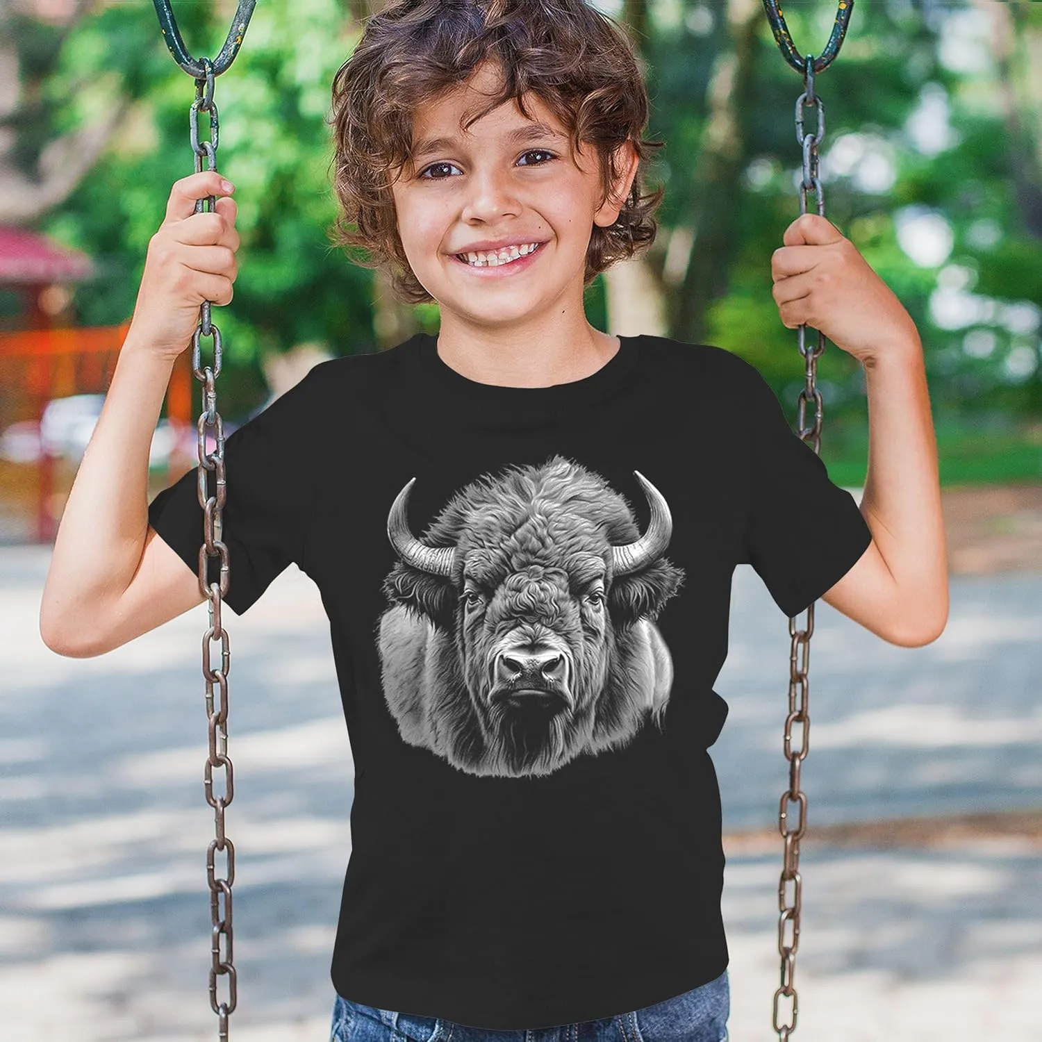 Bison Portrait Youth T-Shirt American Buffalo Head Western Wildlife Nature Majestic Bull Symbol of Strength Kids