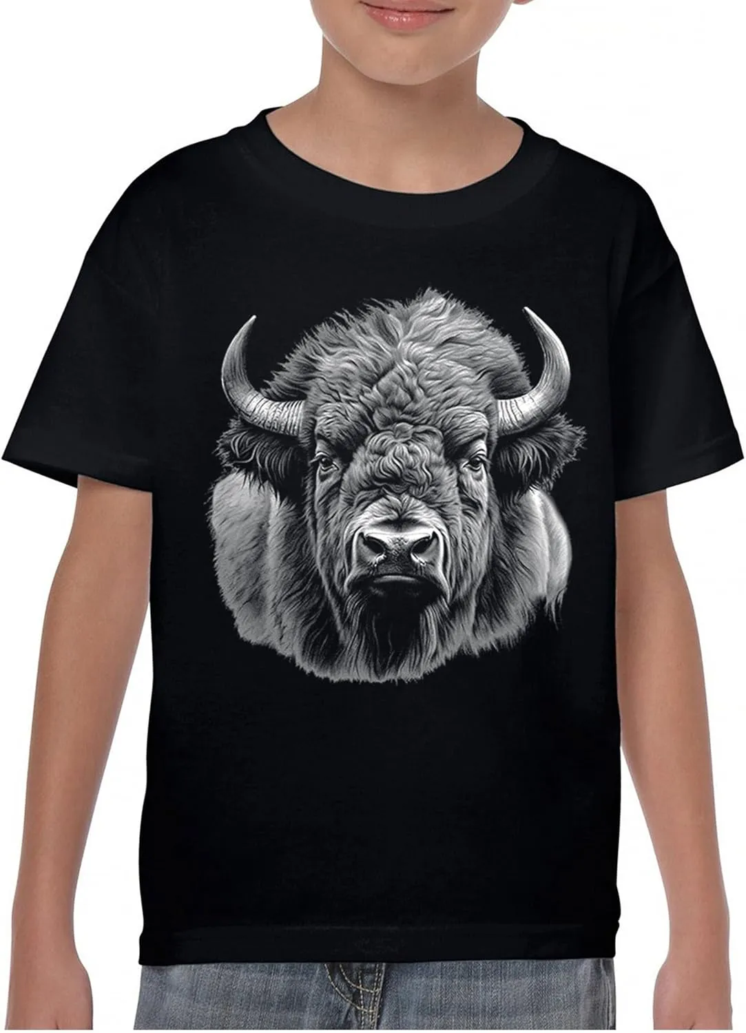 Bison Portrait Youth T-Shirt American Buffalo Head Western Wildlife Nature Majestic Bull Symbol of Strength Kids