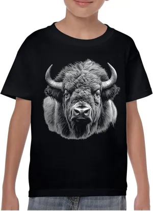 Bison Portrait Youth T-Shirt American Buffalo Head Western Wildlife Nature Majestic Bull Symbol of Strength Kids