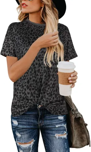 Blooming Jelly Womens Leopard Print Tops Short Sleeve Round Neck Casual T Shirts Tees